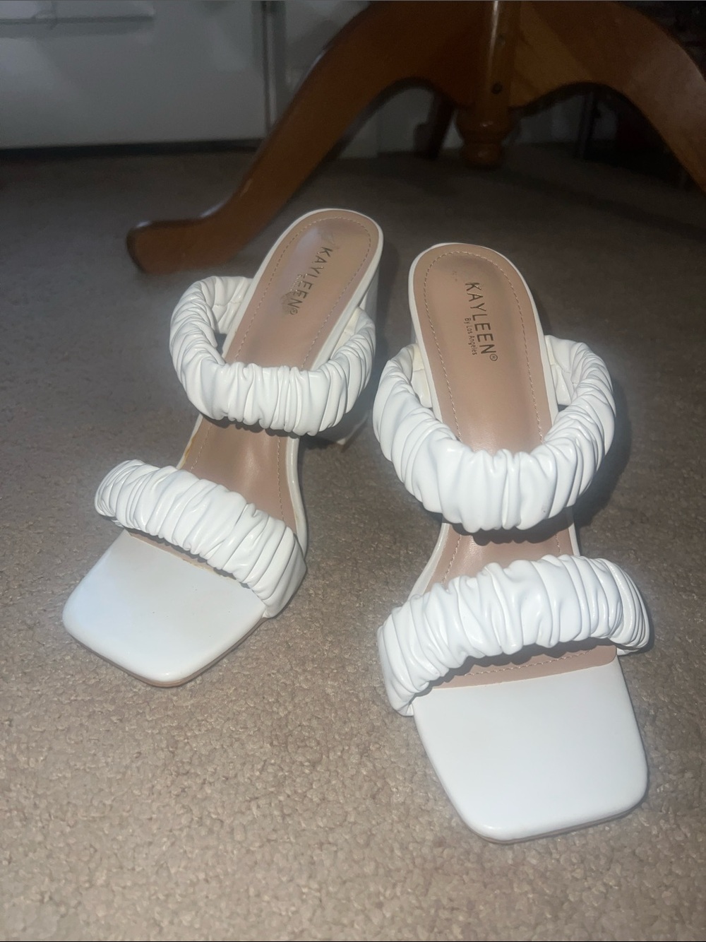 KAYLEEN By Los Angeles White Ruched Double-Strap Heeled Mules
